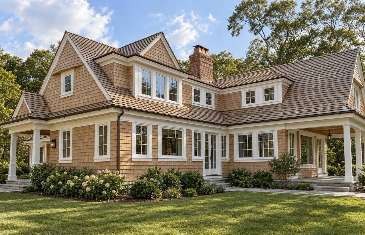 The same elevation finished in red cedar shingle with white trim